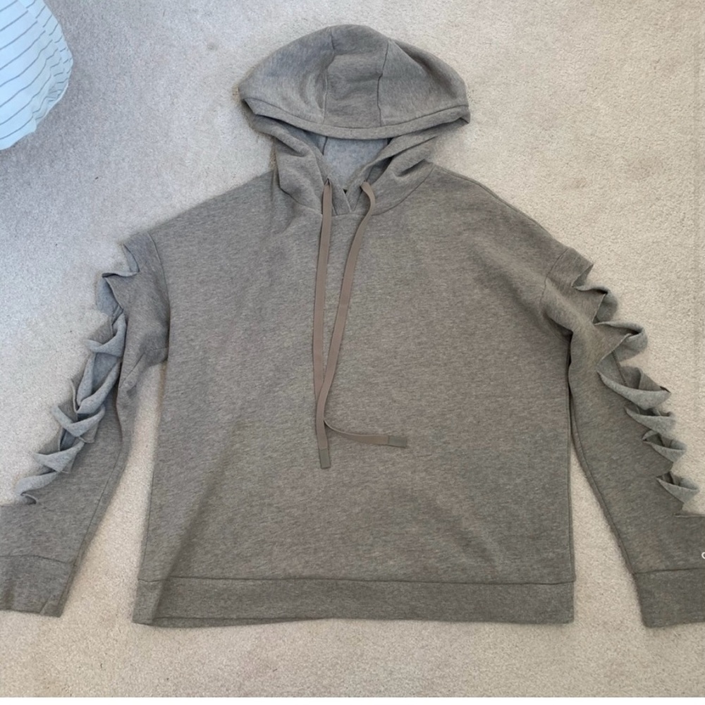 Alo Cutout Sleeve Hoodie Gravel Heather Tan Beige Sweatshirt Pullover - Picture 2 of 4